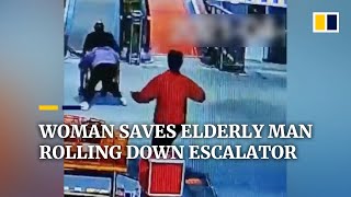 Woman in China saves elderly man in wheelchair rolling down escalator