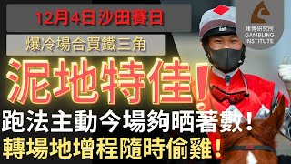 【賽馬貼士】12月4日 爆冷場合買鐵三角｜泥地特佳！｜跑法主動今場夠晒著數！轉場地增程隨時偷雞！