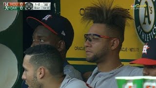 HOU@OAK: Athletics' broadcast shows Gurriel's haircut