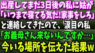 【スカッと】出産してまだ3日後の私に姑が「いつまで寝てる気だ！さっさと家事をしろ」と連絡してきたので、私「お義母さん来ないんですか…」今いる場所を伝えてあげたらw【修羅場】