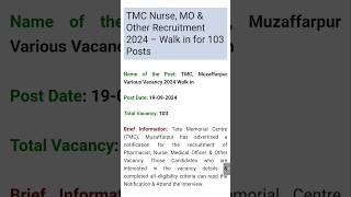 TMC Nurse, MO \u0026 Other Recruitment 2024 - Walk in for 103 Posts