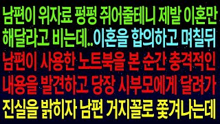 【실화사연】남편이 위자료 줄테니 제발 이혼만 해달라고 비는데...이혼하고 며칠뒤 남편이 사용한 노트북을 본 순간 시댁에 달려가 진실을 밝히자, 남편 거지꼴로 쫓겨나는데