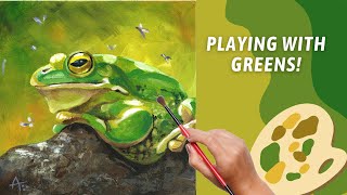 FUN Acrylic Frog Painting! SIMPLE Toad Painting! Playing with GREENS! Using Only 3 COLORS!