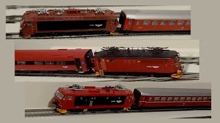 Norske Tog i HO 1990s: NMJ EL13 with B7 rake; Roco EL16 with Lima B3 coaches; NMJ EL17 with Lima B5s