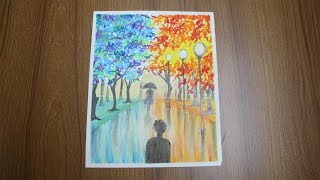 How to draw Romantic couple Scenery inside rainy day  | Drawing Couple With oil Pastel Step by Step