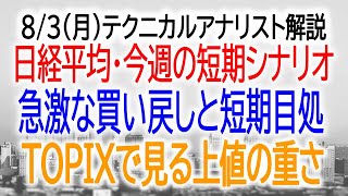 8/3（月）テクニカル市況解説/今週の短期シナリオ/急激な買い戻し後の短期目処/ボリンジャーバンドの動き/TOPIXで見る個別株の上値の重さ