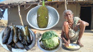 90 year old poor Grandma cooking SNAKE FISH with jackfruit \u0026 cabbage recipe \u0026 eating|village kitchen