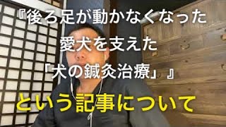 『後ろ足が動かなくなった愛犬を支えた「犬の鍼灸治療」』という記事についてご紹介します。ちなみに獣医さんしか動物に鍼灸は出来ません。