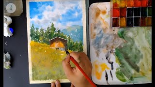 【水彩教學丨watercolor painting for beginners easy and simple】水彩零基礎教學草原上的小房子 丨HOW TO USE WATERCOLOR