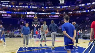 JOEL EMBIID STARTED HIS USUAL WARMUP ROUTINE FOR TONIGHTS GAME AGAINST HORNETS AT WELLS FARGO CENTER