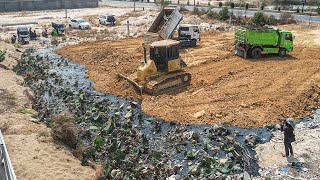 Wonderful Bulldozer Pushing Filling The Soil In New Update 95% Work By Dump Truck Unloading Dirt