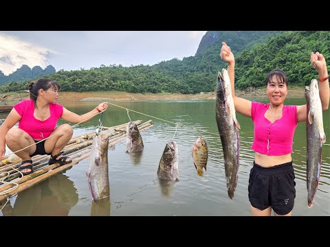 Girl catches Big fish with homemade fishing line while camping overnight