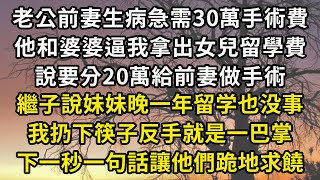 老公前妻生病急需30萬手術費，他和婆婆逼我拿出女兒留學費，說要分20萬給前妻做手術，繼子說妹妹晚一年留学也没事，我扔下筷子反手就是一巴掌，下一秒一句話讓他們跪地求饒#翠花的秘密