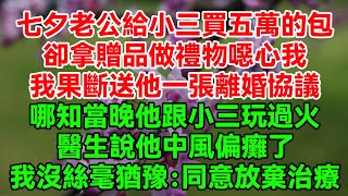 七夕老公給小三買五萬的包，卻拿贈品做禮物噁心我，我果斷送他一張離婚協議，哪知當晚他跟小三玩過火，醫生說他中風偏癱了，我沒絲毫猶豫：同意放棄治療 #完結爽文#一口氣看完#出軌#小三#報復#反擊#綠茶