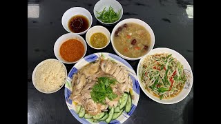 鸡饭 Chicken Rice | 云耳红枣鸡汤 White Fungus Red Dates Chicken Soup | 蒜炒银芽 Stir Fry Bean Sprouts