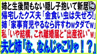 【スカッと話】姉と生後間もない隠し子抱いて帰宅した夫「金食い虫は出てけ」姉「家事育児やるなら許すｗタダでｗ」私「いや結構。これ離婚届と出産祝い…」➡ブツを見た夫と姉は発狂「なんじゃこりゃ？｣