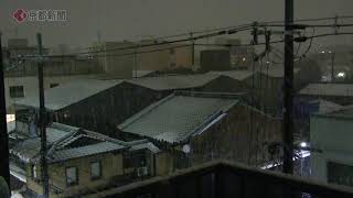 京都で降雪（2023年1月27日午後11時15分ごろ、京都市中京区・京都新聞社）