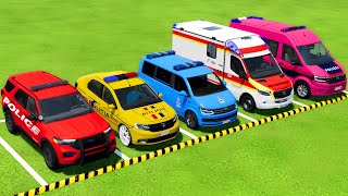 TRANSPORTING FORD, DACIA, VOLKSWAGEN POLICE CARS \u0026 MERCEDES AMBULANCE CAR WITH SCANIA TRUCKS ! FS22