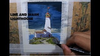 How to Draw and paint a Lighthouse Line and Wash Watercolor.Beginner.Nil Rocha