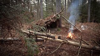 SOLO OVERNIGHT WINTER BUSHCRAFT CAMP-Small Backpack, Minimal Gear, Unknown Land, Steak Cook Tripod.