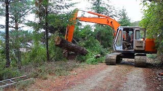 Hitachi UH043 excavator pulling logs out of the forest