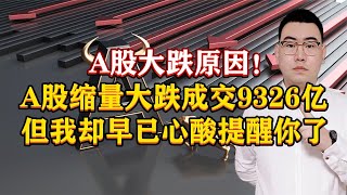 A股大跌原因！A股缩量大跌成交9326亿，但我却早已心酸让你跑了！A股大跌原因！A股缩量大跌成交9326亿，但我却早已心酸让你跑了！