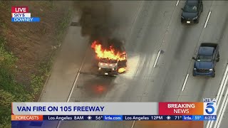 Van engulfed in flames on Los Angeles County freeway
