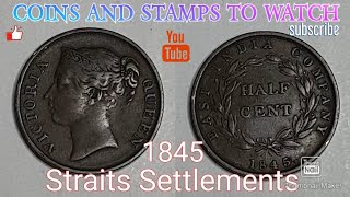 From $22 F grade up to$1,200 for MS65 grade 1845 Straits Settlements (Malaysia) Half Penny #Coin