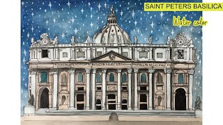 WATER COLOR RENDERING OF SAINT PETER'S BASILICA ARCHICTECTURAL DRAWING