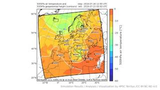 TerrSysMP monitoring run 2016-07-15 - 500hPa air temperature aund geopotential - Europe (72h)