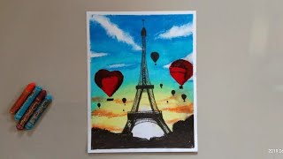 Oil pastel drawing for beginners || Beautiful Eiffel Tower sunset scenery drawing