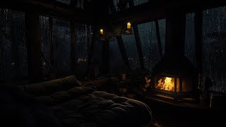 Relaxing Rain Sounds in a Wooden Cabin | Crackling Fire at Night for Stress Relief