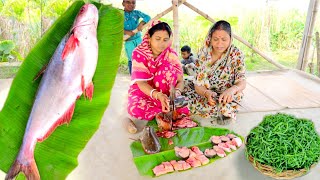 5 kg ওজনের পাঙ্গাস মাছ কেটে পাঙ্গাস মাছের ঝাল রান্না সাথে বাগানের কোলাই শাক ভাজা || Big fish cutting