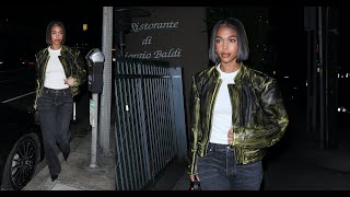 Lori Harvey keeps it very stylish in a green painted leather jacket as she steps out for dinner!
