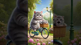 Cute cat with kittens riding bicycle