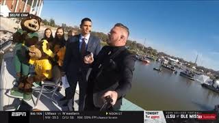 Pat McAfee jumps off a boat into the Brazos River on College Football Gameday at #12 Baylor