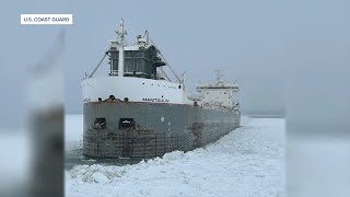 U.S. Coast Guard Cutter Bristol Bay breaks ice near freighter stuck in Lake Erie near Buffalo