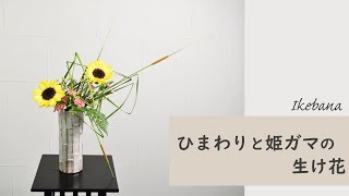 【ひまわりと姫ガマの生け花】 初心者でもコツが分かればとっても簡単！生け方の基本からアレンジまでサクッと紹介。 ikebana style Japanese flower arrangement