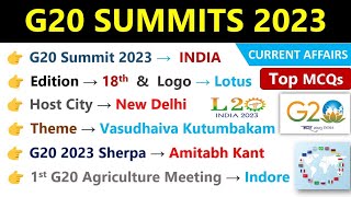 G20 Summits 2023 | G20 Summit India Current Affairs | G20 Summit Imp MCQs | G20 शिखर सम्मेलन 2023 |