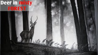 Deer in misty forest 3 // charcoal pencil landscape drawing