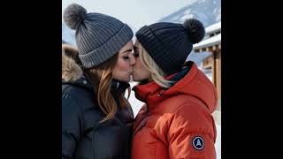 Love in the Snow Two Women Embrace with a Passionate Kiss While Skiing #kiss #love