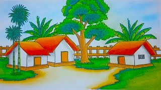 How to draw a village house scenery drawing with oil pastel colour/landscape village scenery drawing