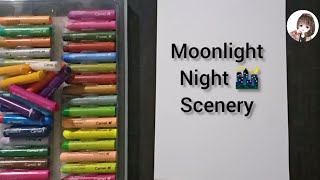 Moonlight night scenery drawing/ oil pastel drawing