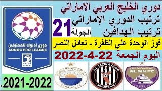 ترتيب الدوري الاماراتي وترتيب الهدافين اليوم الجمعة 22-4-2022 الجولة 21 - فوز الوحدة و تعادل النصر
