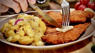 Delicious German potato salad and large pieces of meat!