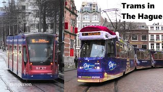 Tram Den Haag in Dec. 2024 met HTM Kersttram en Oude Trams