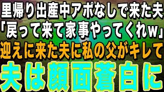 【スカッとする話】里帰り出産中、アポなしで来た夫が「家がグチャグチャだから帰ろう。元気そうだし家事できるだろ」と迎えに来た。次の瞬間、私の父がブチギレて…