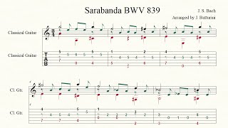 SARABANDA BWV 839, J. S. BACH, arranged for classical guitar with tab, advanced level