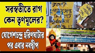 সরস্বতীতে রাগ কেন তৃণমূলের? যোগেশচন্দ্র, হরিণঘাটার পর এবার নবদ্বীপ | TMC | Saraswati Puja | Threat