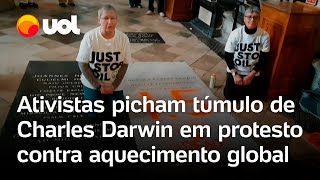 Ativistas picham túmulo de Charles Darwin em protesto contra aquecimento global em Londres; vídeo